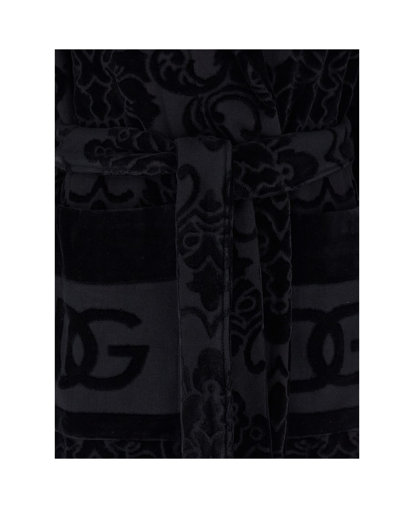 Dolce & Gabbana Black Bath Robe With Matching Belt In Terry Cotton Jacquard - Black