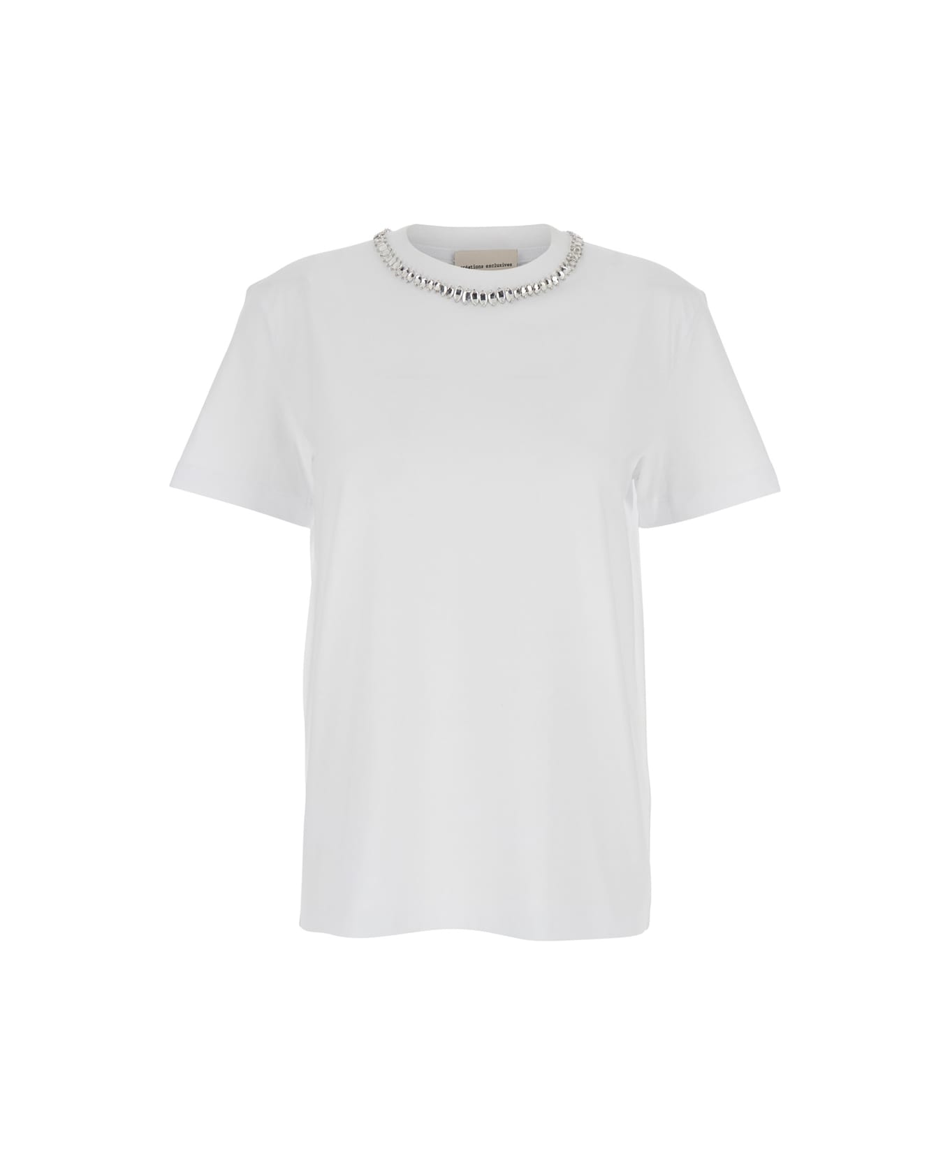 White Round Neck T-shirt With Metallic Decorations In Cotton Woman