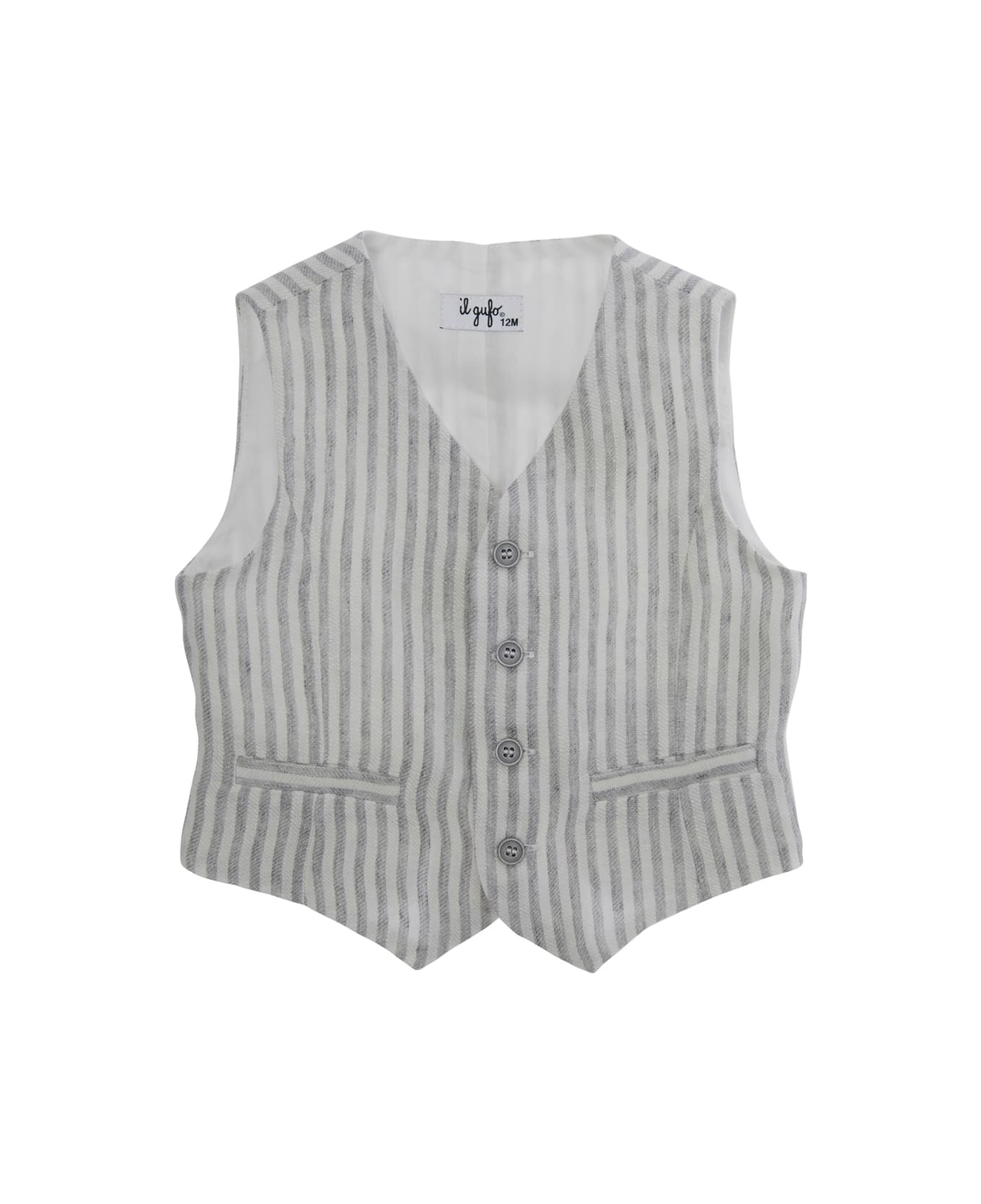 Il Gufo Grey Vest With V Neck And All-over Striped Motif In Linen Baby - Grey