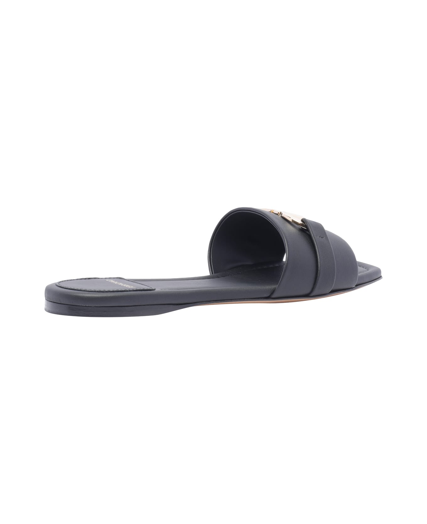 Ferragamo Flat Slide With Gancini Ornament - Black