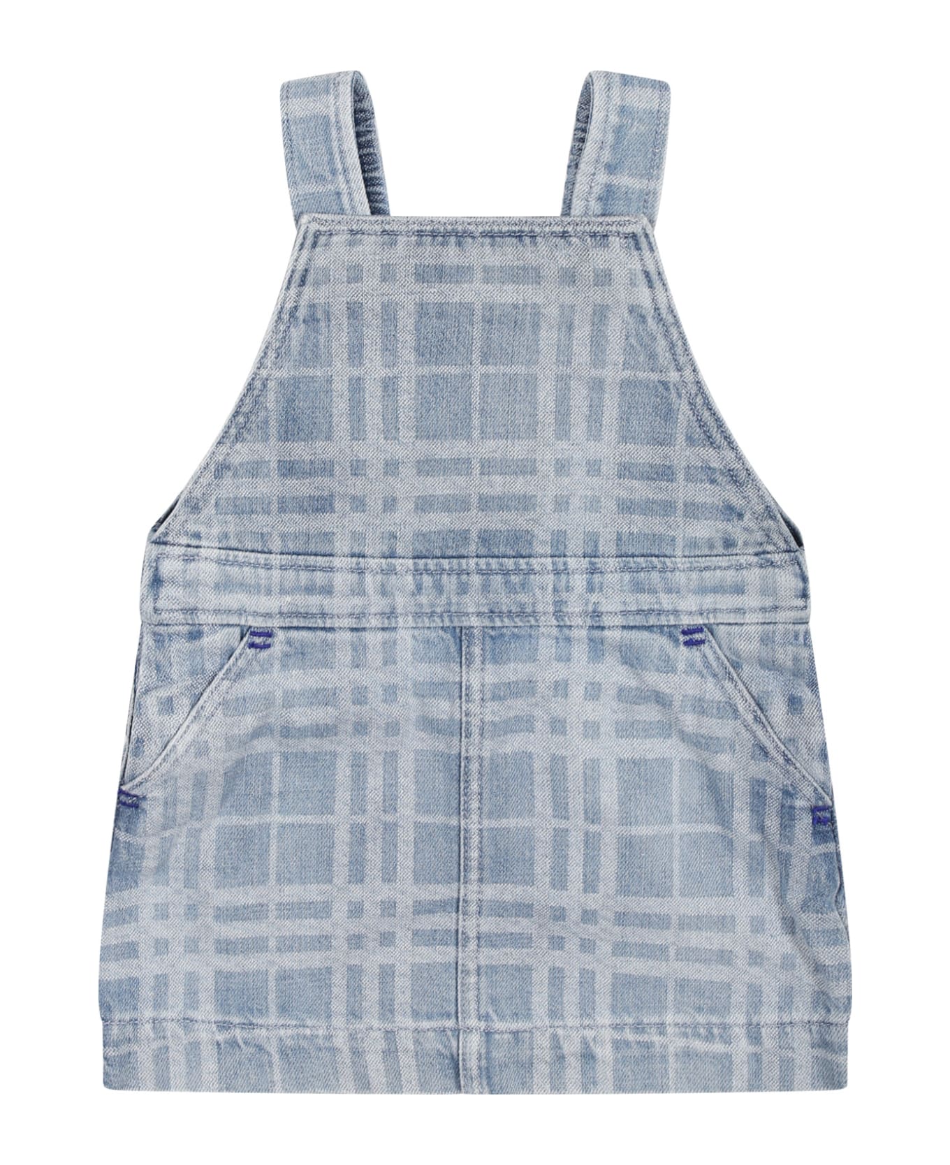 Burberry Denim Dungarees For Baby Girl With Iconic All-over Check - Denim