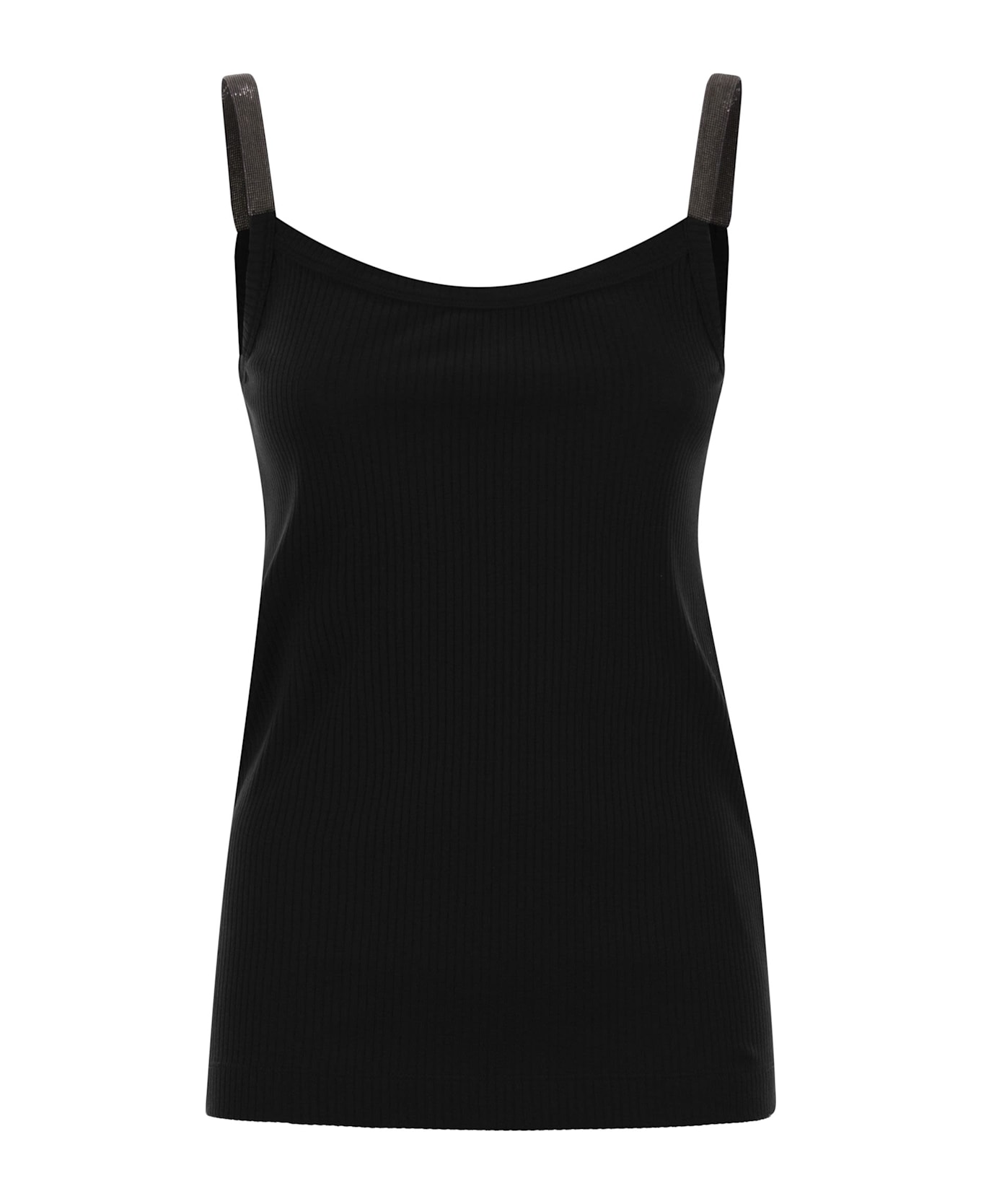 Brunello Cucinelli Stretch Cotton Ribbed Jersey Top With Precious Straps - Black