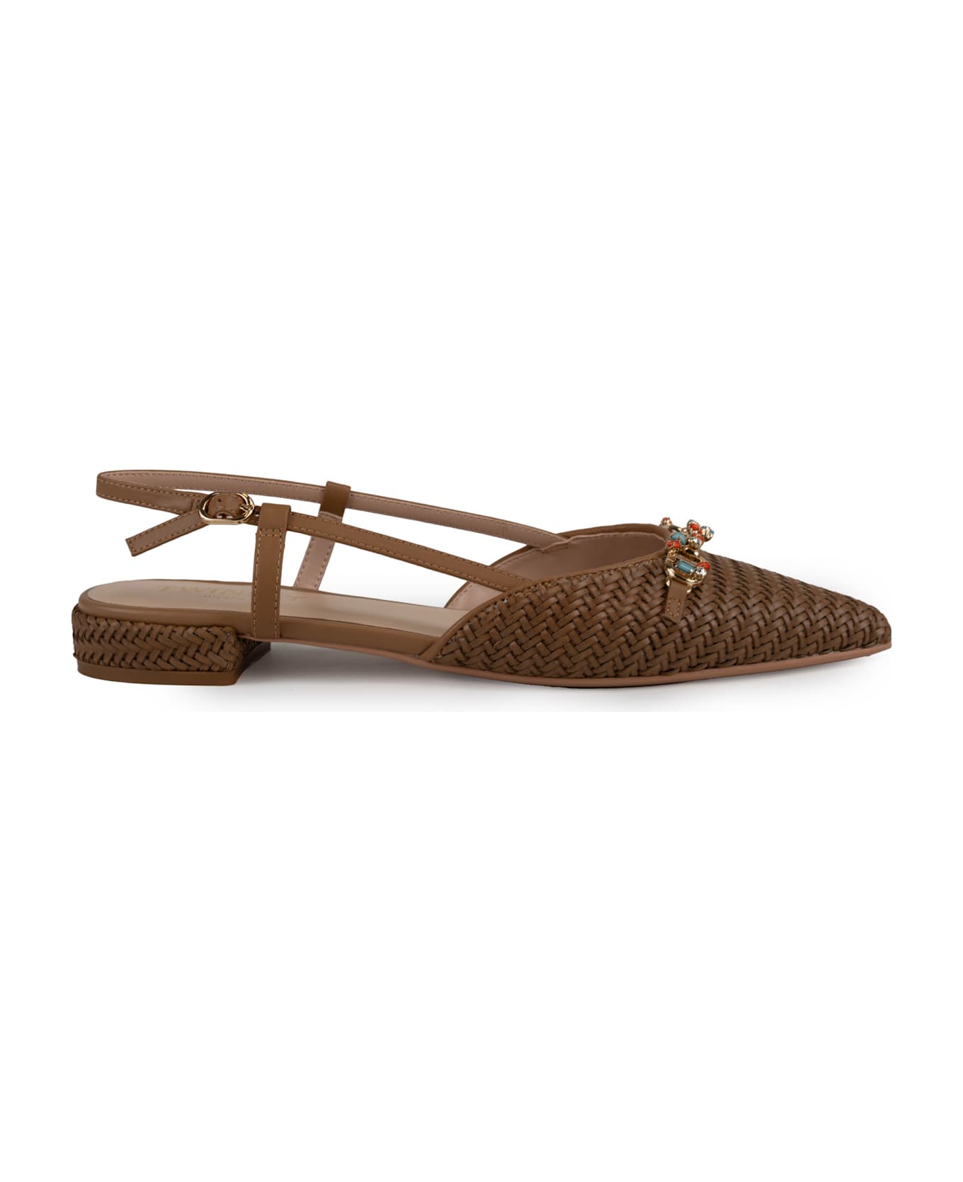 TwinSet Raffia Sandal With Jeweled Clamp - Brown