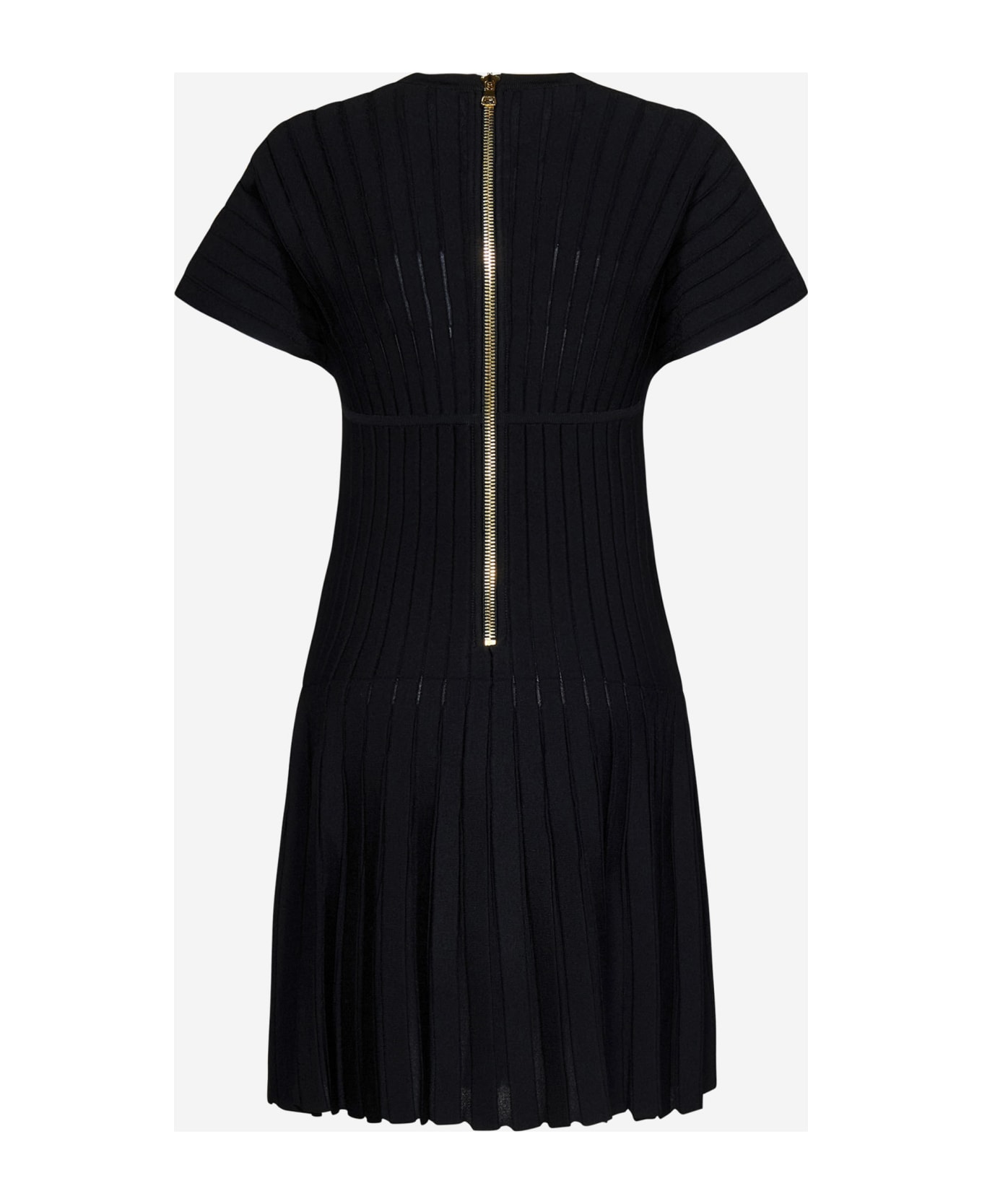 Balmain Short Sleeves Pleated Knit Dress - Black