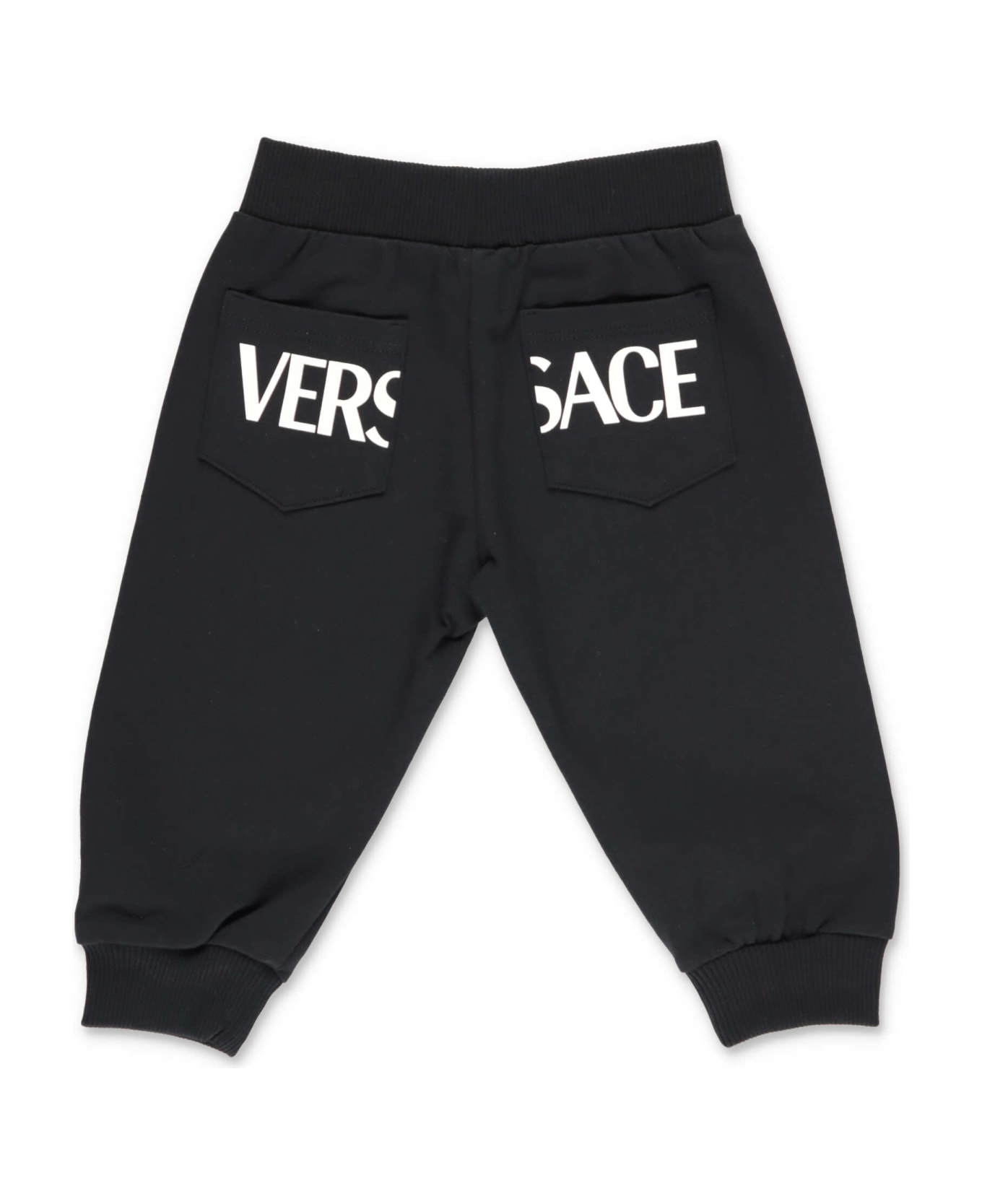 Young Versace Pantalone Nero In Felpa Di Cotone - Nero/bianco