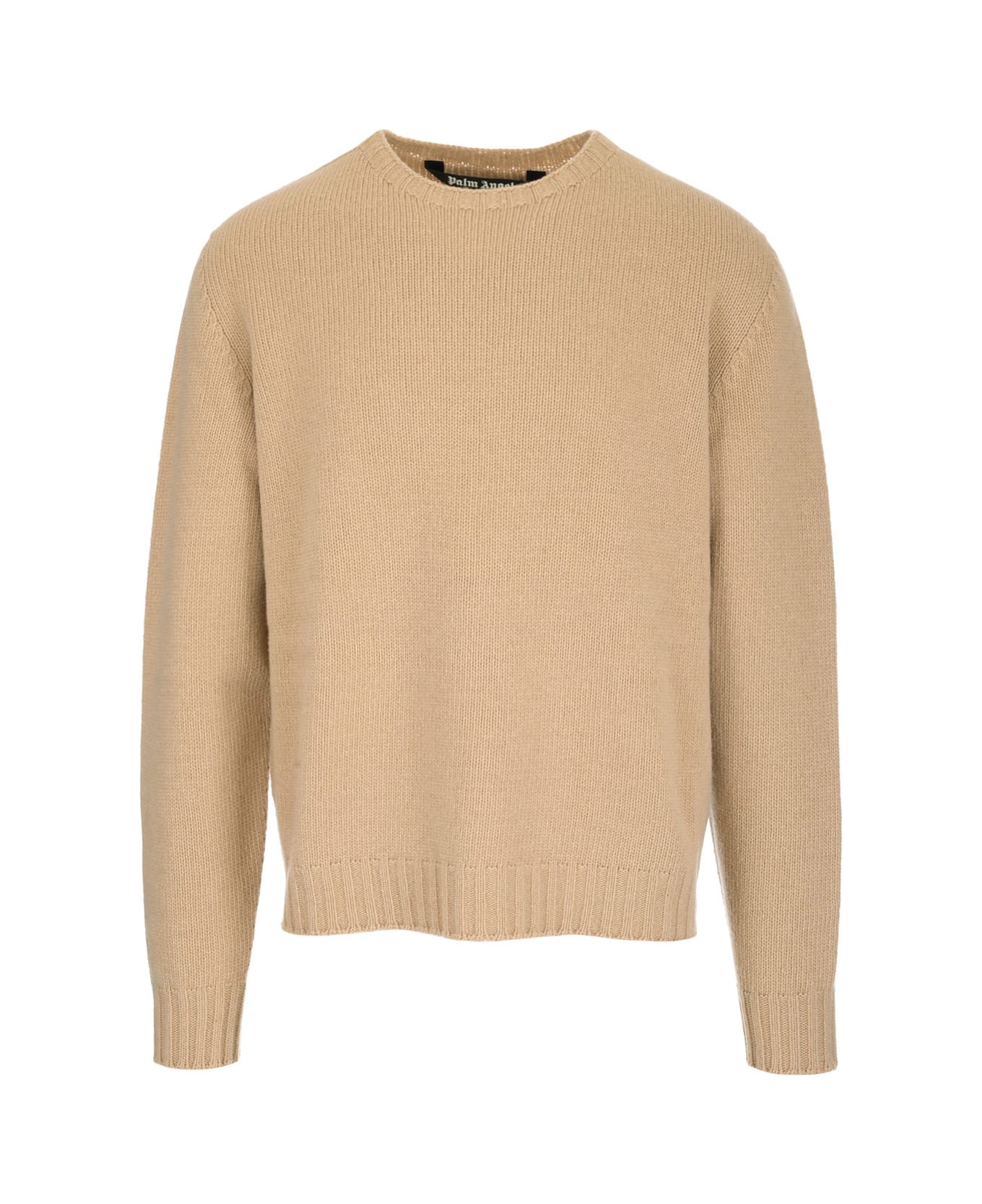 Palm Angels Wool Blend Curved Logo Sweater - Beige  White