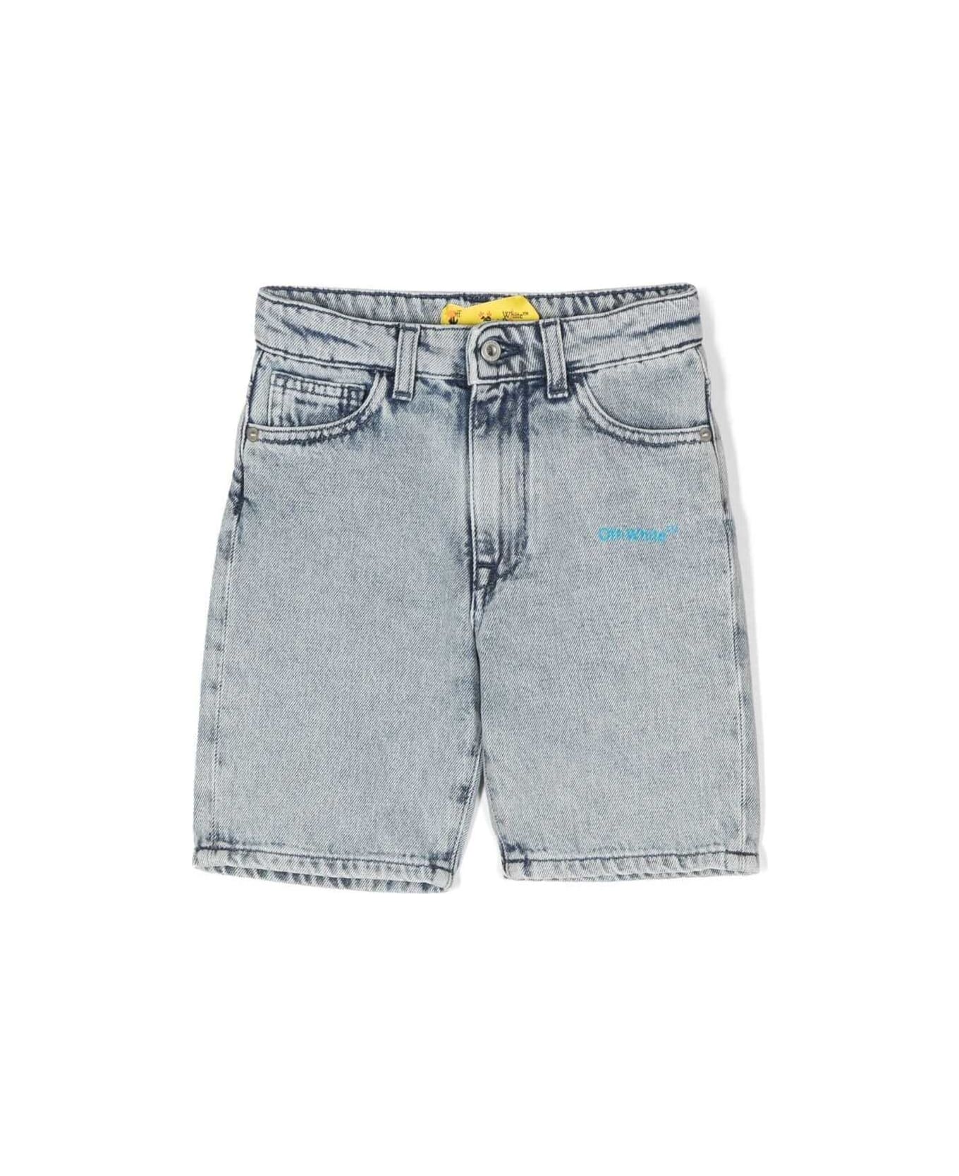 Off-White Denim Shorts With Diag-stripe Logo Print In Blu Denim Boy - Light blue
