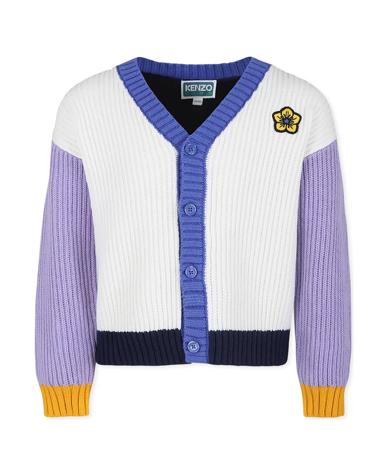 Kenzo Kids Ivory Cardigan For Girl With Flowet Motif And Tiger - Multicolor