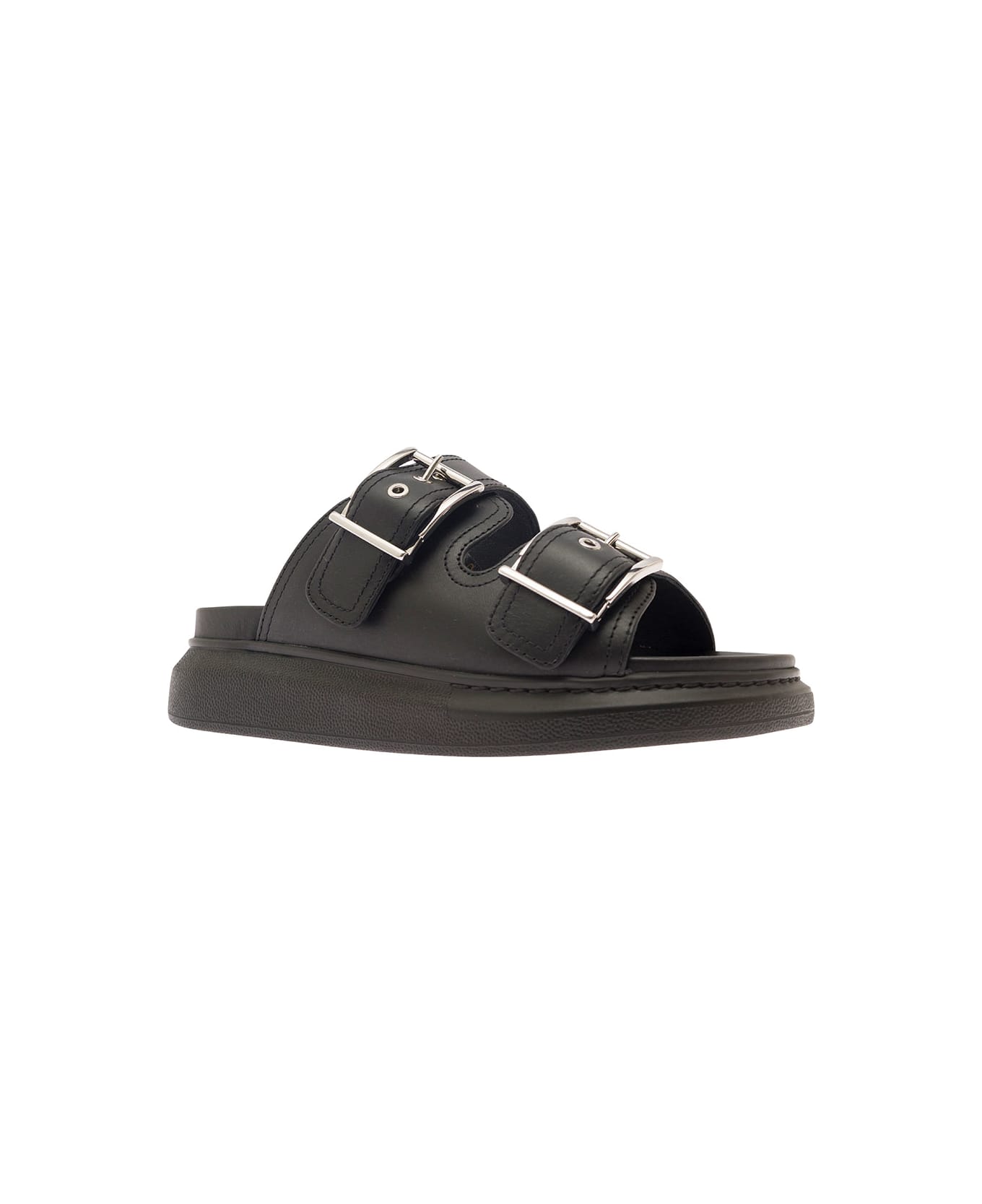 Alexander McQueen Black Sandals With Double-straps In Leather Woman - Black サンダル