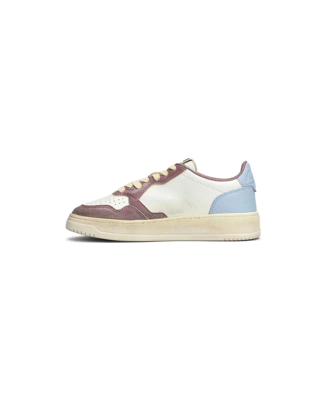 Autry Super Vintage Medalist Low Sneakers In White, Celestial Blue And Taupe Leather - white