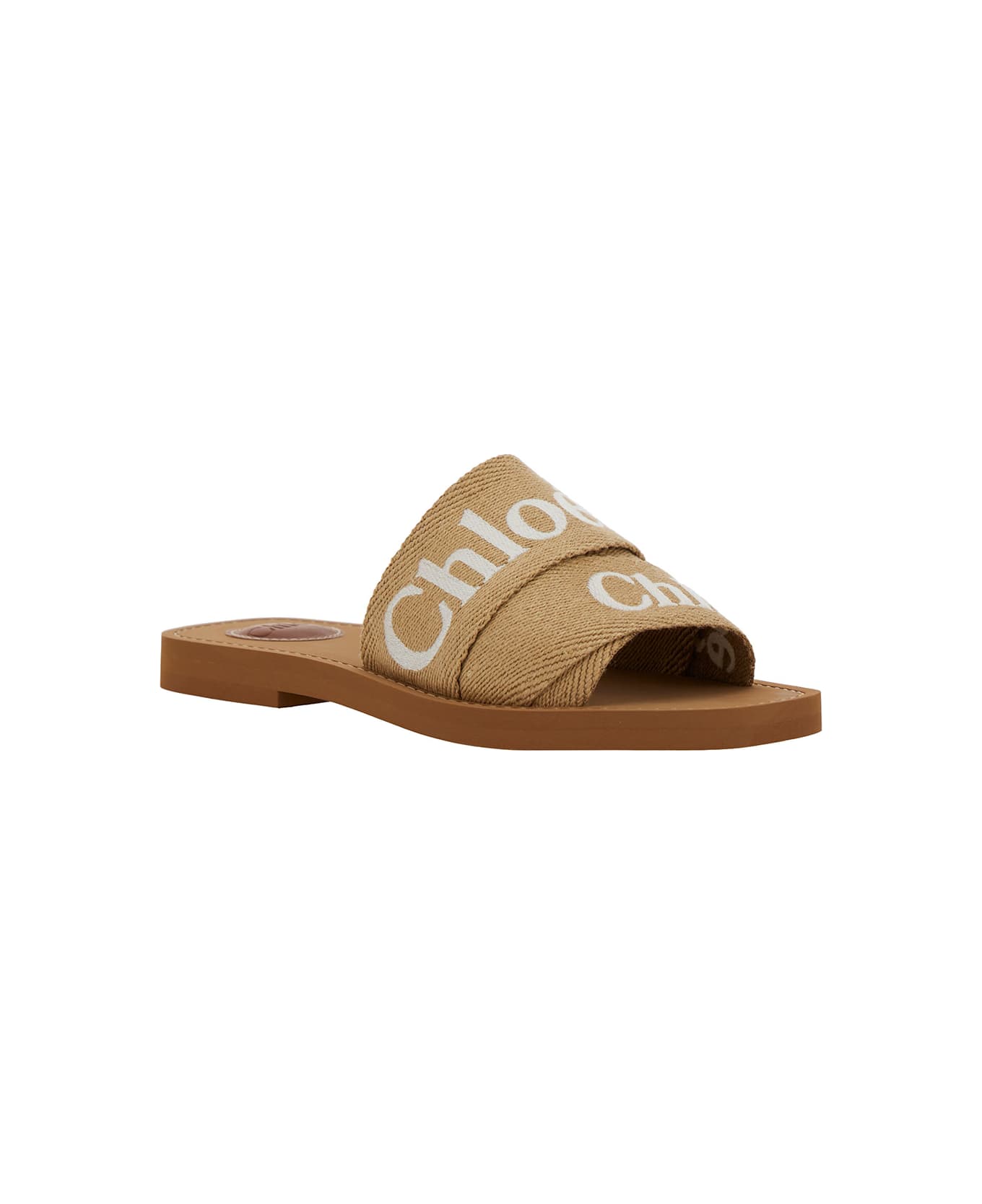 Chloé 'woody' Beige Sandals With Logo In Canvas Woman - Beige