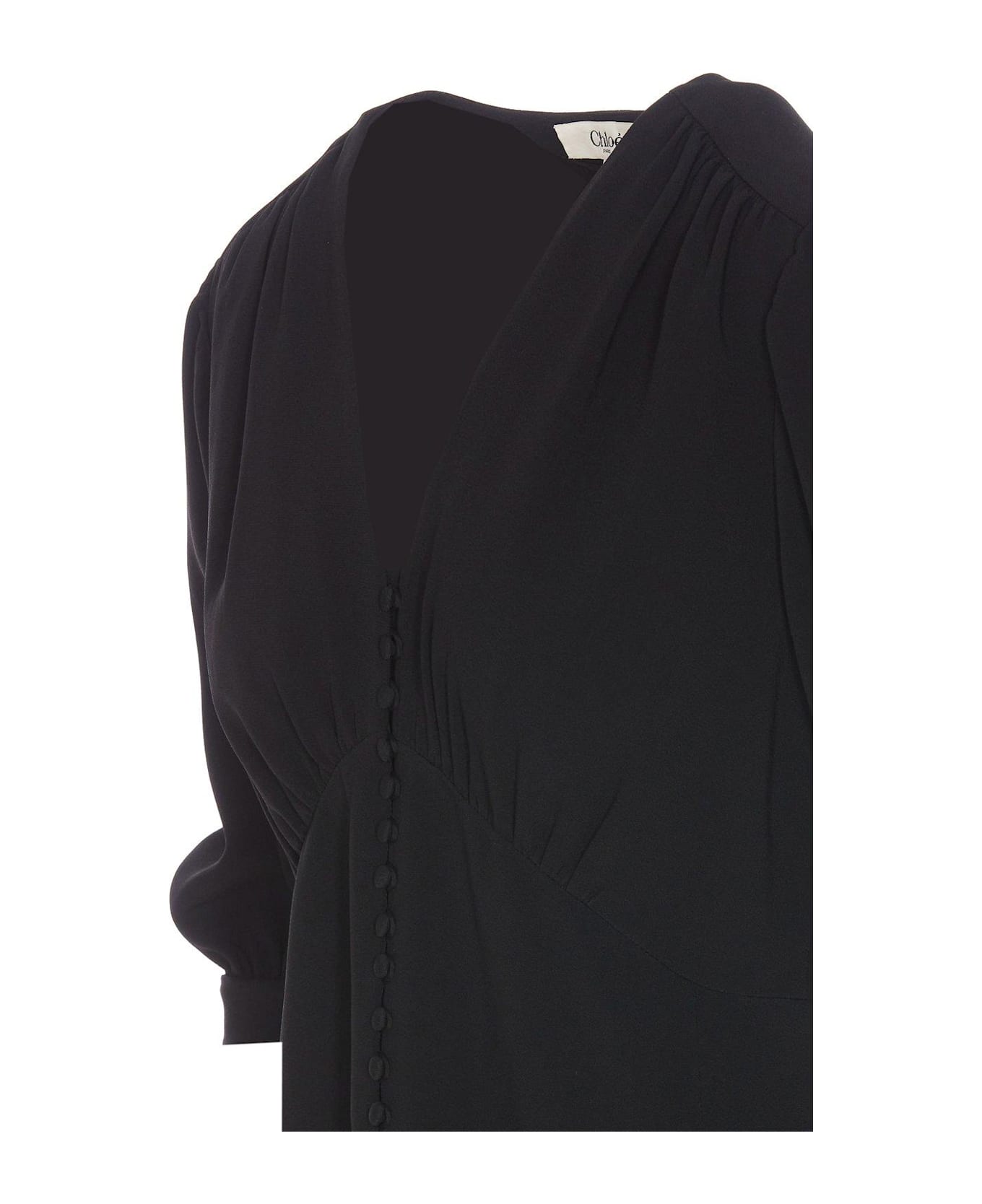 Chloé V-neck Puff Sleeved Mini Dress - Black