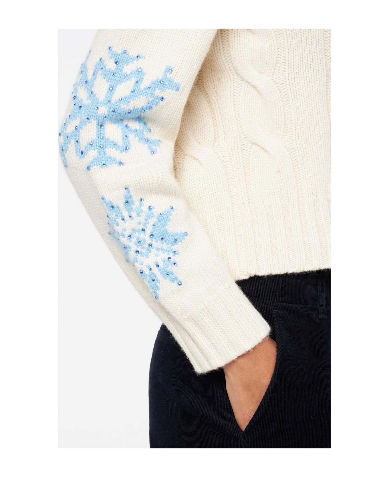 MC2 Saint Barth Woman Turtleneck Braided Sweater With Snowflake Rhinestones - WHITE