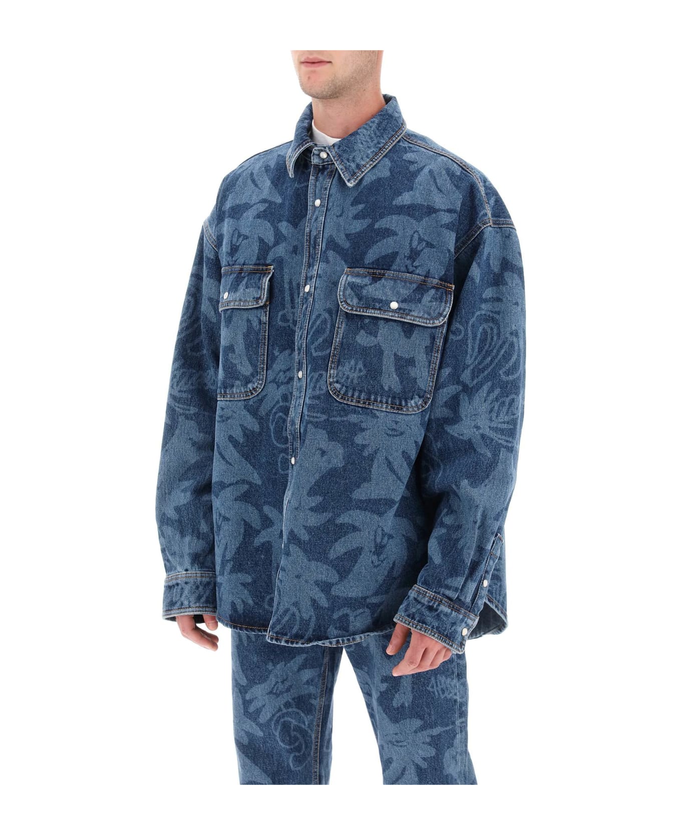 Palm Angels Overshirt In Denim With Laser Print All-over - Blue Light