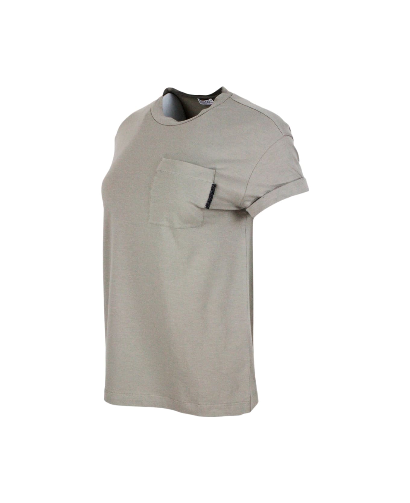 Brunello Cucinelli Short-sleeved Oversized T-shirt In Stretch Cotton With Crew Neck And Pocket With Jewel - Military Tシャツ
