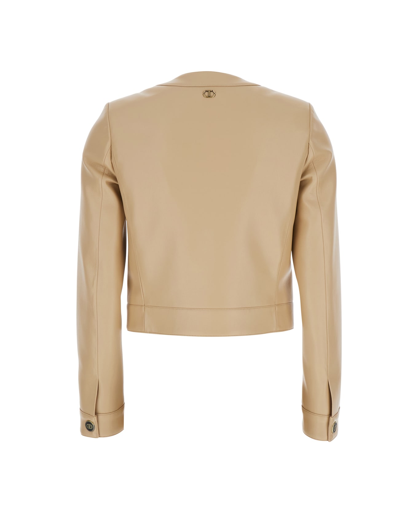 TwinSet Beige Crewneck Jacket With Logo Buttons In Leather Woman - Beige