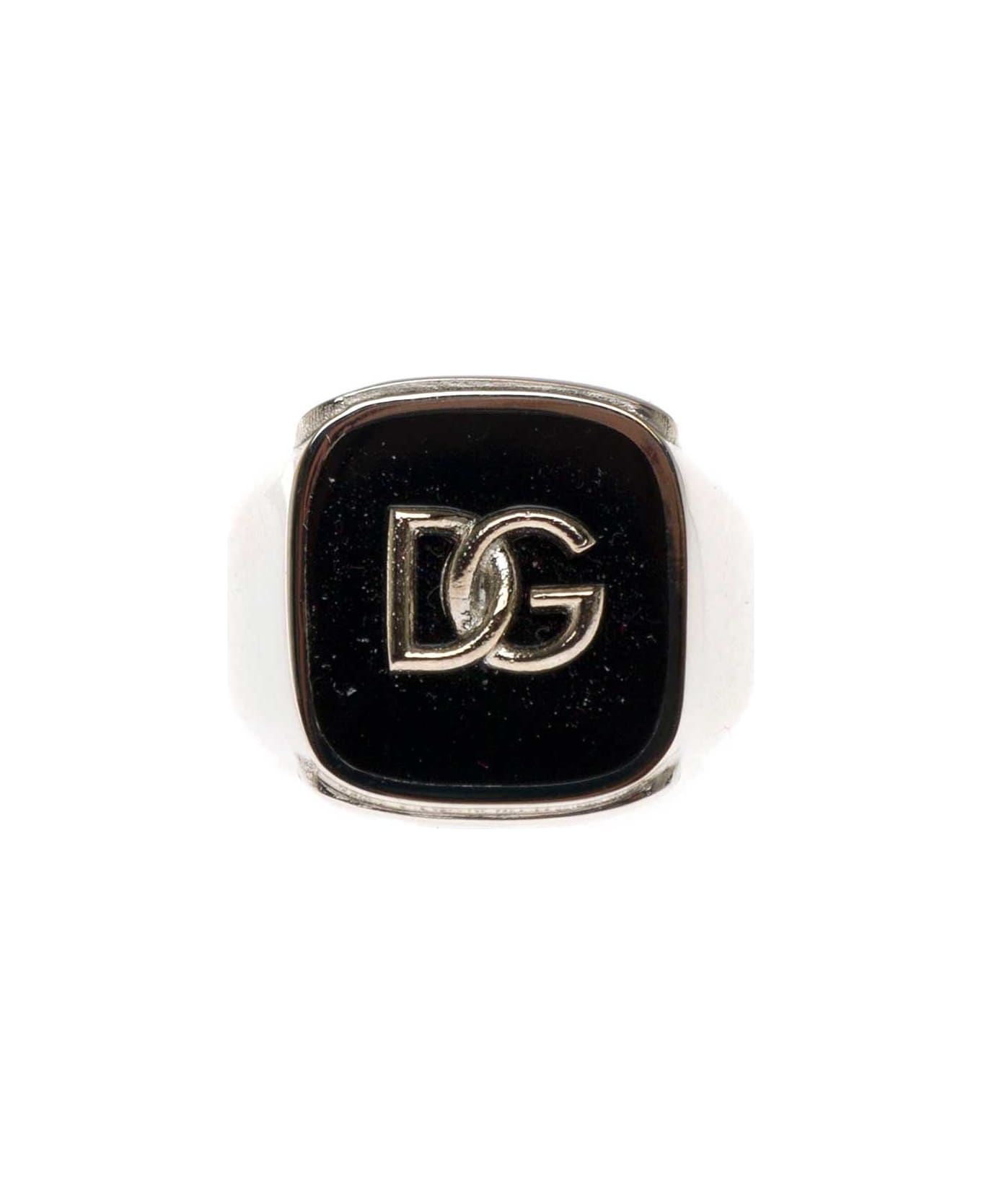 Dolce & Gabbana Man's Black Enameled Brass Ring With Logo - Metallic
