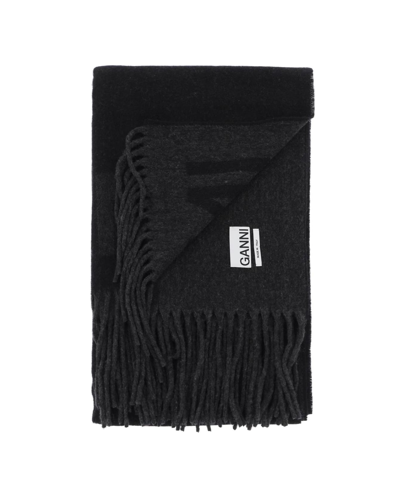 Ganni Black Recycled Wool Scarf - Black スカーフ＆ストール