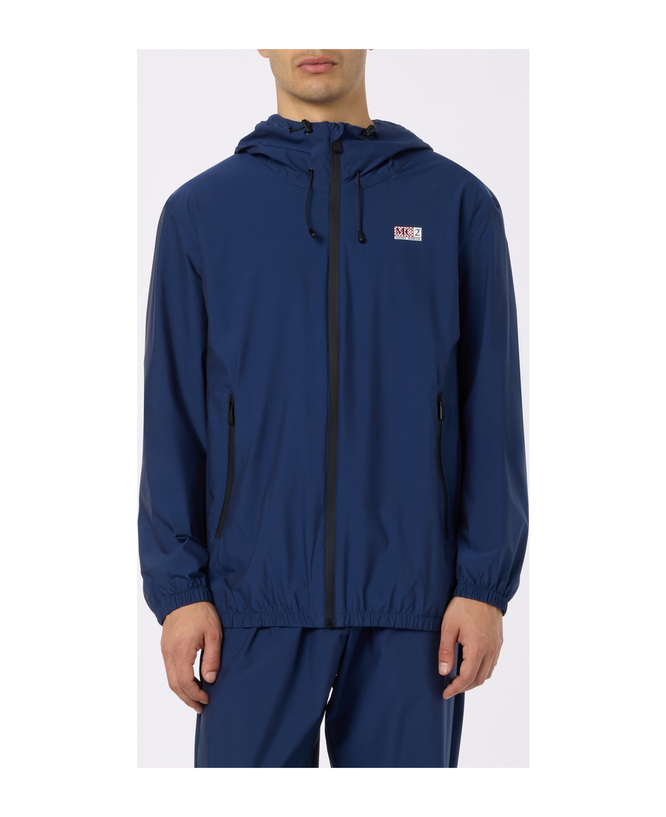 MC2 Saint Barth Man Hooded Lightweight Navy Blue Fabric Windbreaker Sloop - BLUE