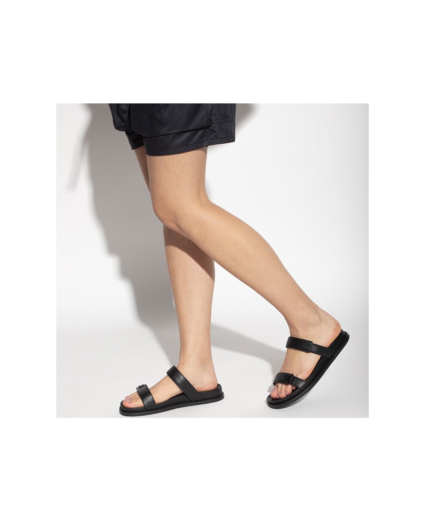 Emporio Armani Leather Slides With Logo - Black
