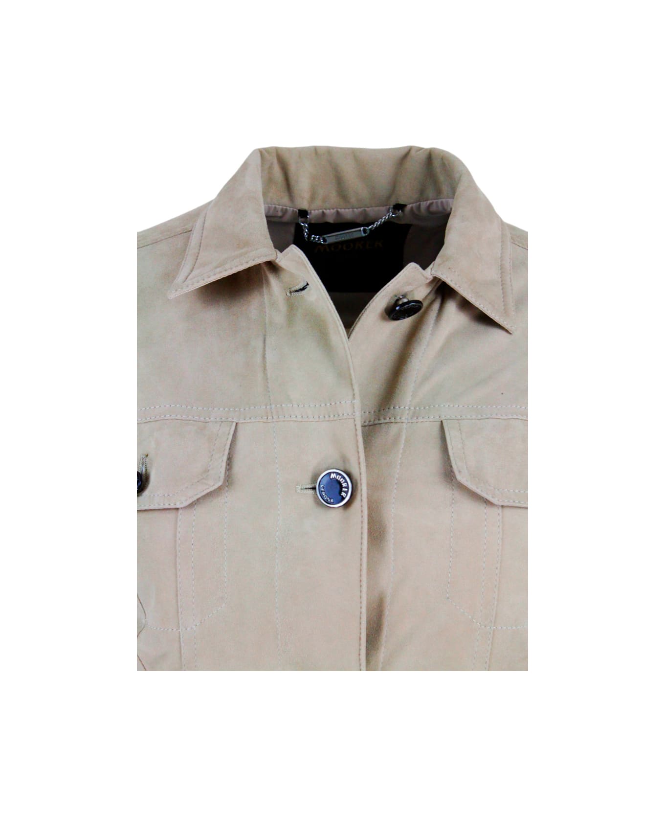 Moorer Windproof Lightweight Nylon Jacket With Soft Suede Front With Chest Pockets - Beige