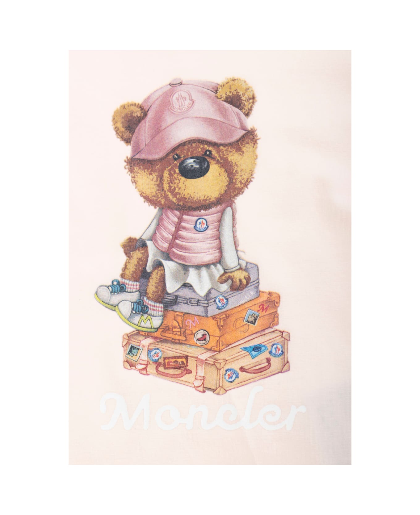 Moncler Pink T-shirt With Front Bear Print And Logo Patch In Cotton Baby - Pink