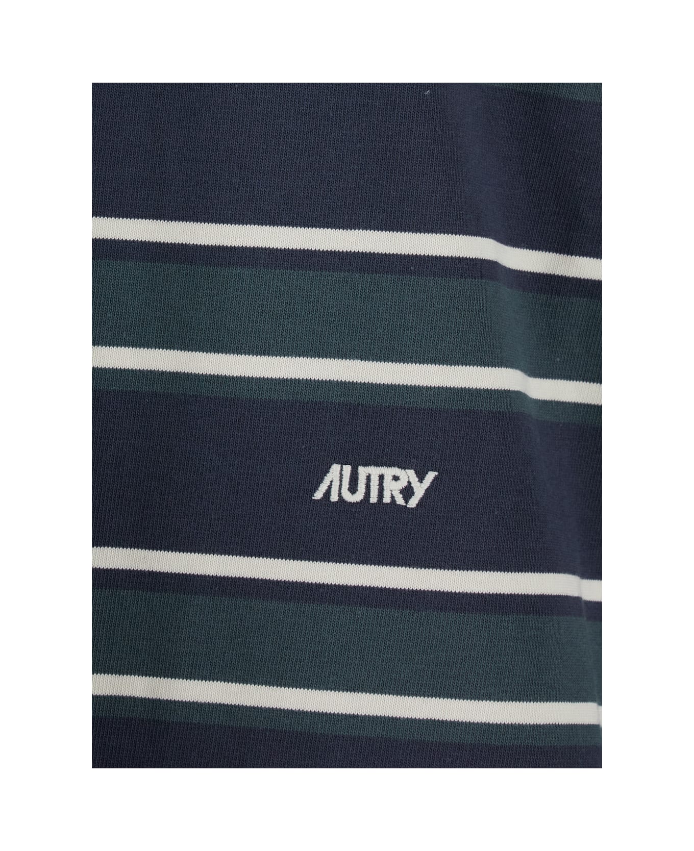 Autry Blue Polo Shirt With Classic Collar And All-over Striped Motif In Cotton Man - Blu