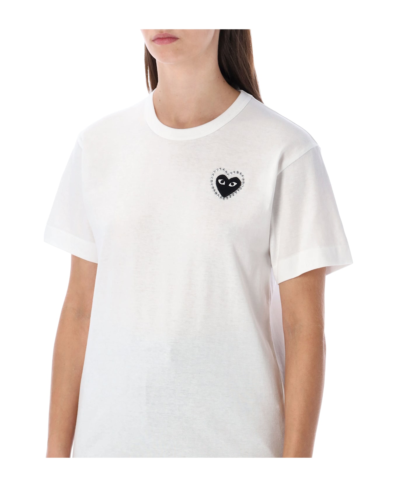 Comme des Garçons Play White Cotton T-shirt With Crystal Heart - WHITE/BLACK