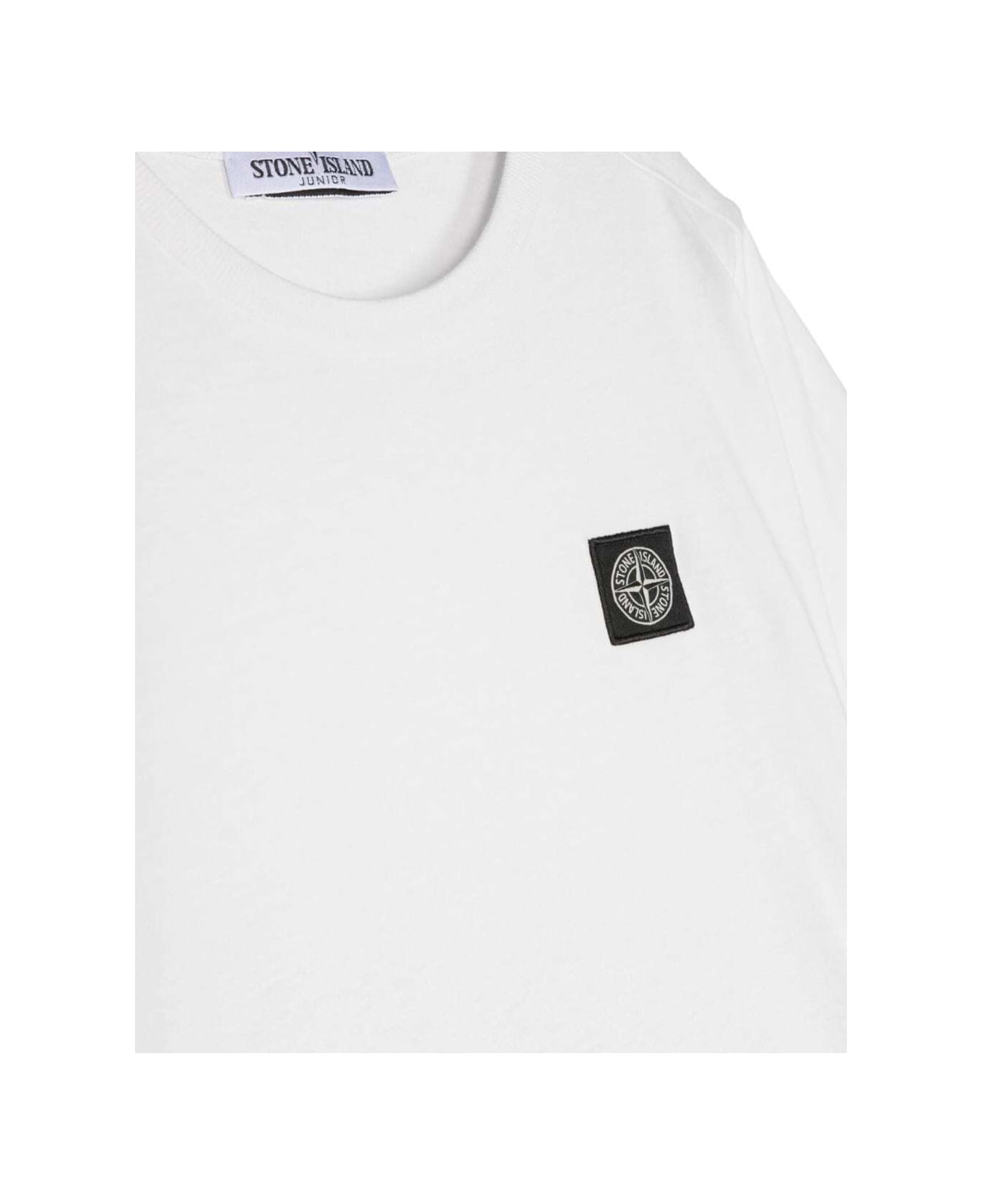 Stone Island Junior White Crewneck Short-sleeved T-shirt And Contrasting Patch Logo In Cotton Boy - White