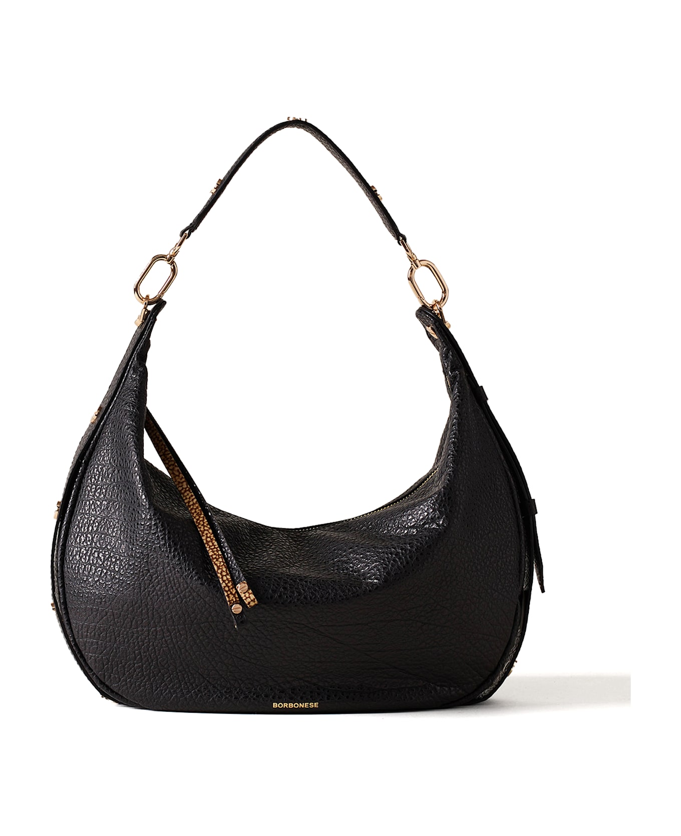 Borbonese Oyster Hobo Shoulder Bag Medium Black - NERO