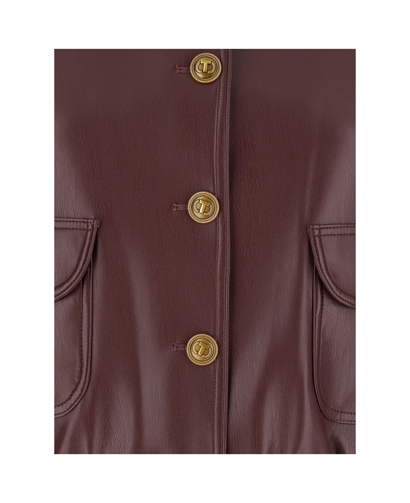 TwinSet Bordeaux Jacket With High Neck And Front Jewel Button Closure In Ecoleather Woman - Burgundy
