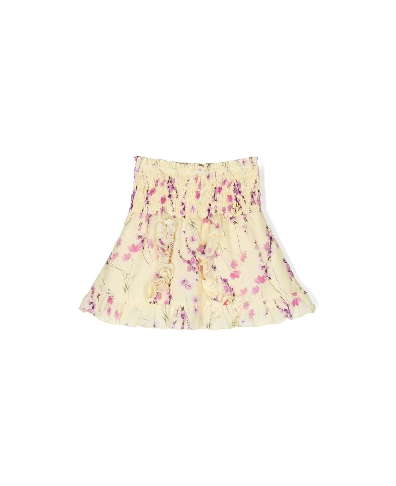 Miss Blumarine Pastel Yellow Miniskirt With Ruffles And Floral Print - Giallo