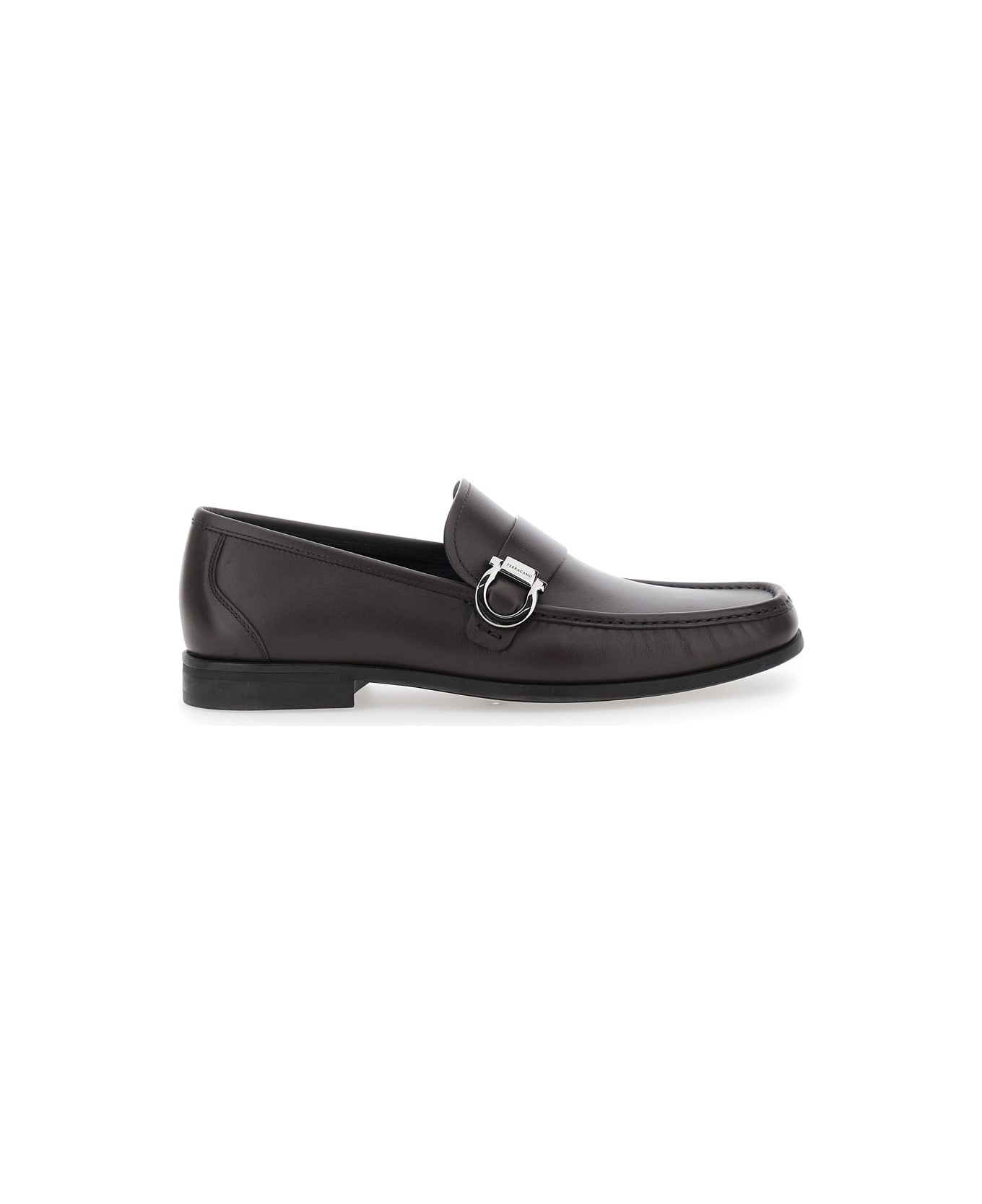 Ferragamo Brown Loafers With Gancini Detail On Side In Leather Man - Brown