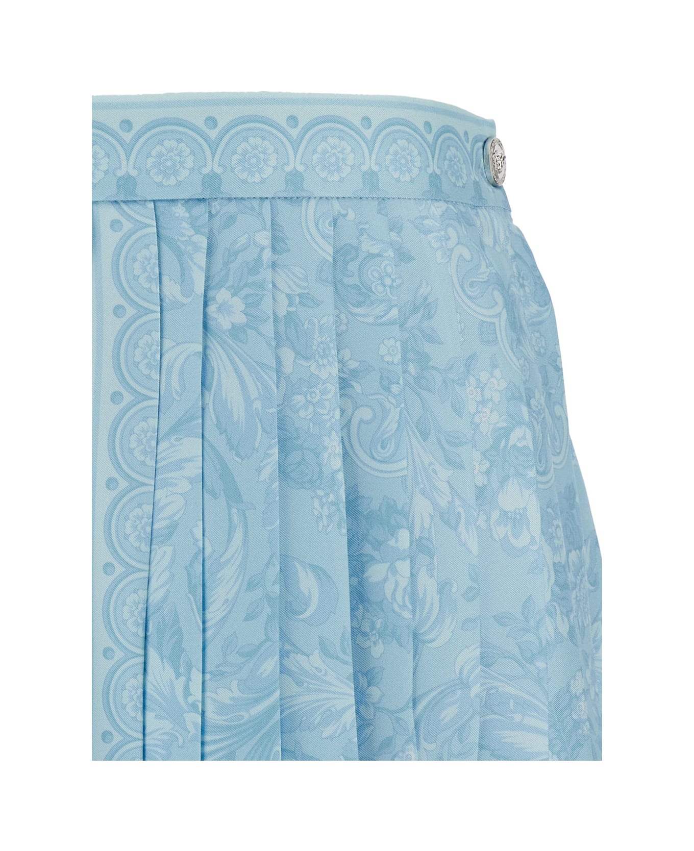 Versace Mini Light Blue Pleated Skirt With Tonal Barocco Print In Silk Woman - Light blue