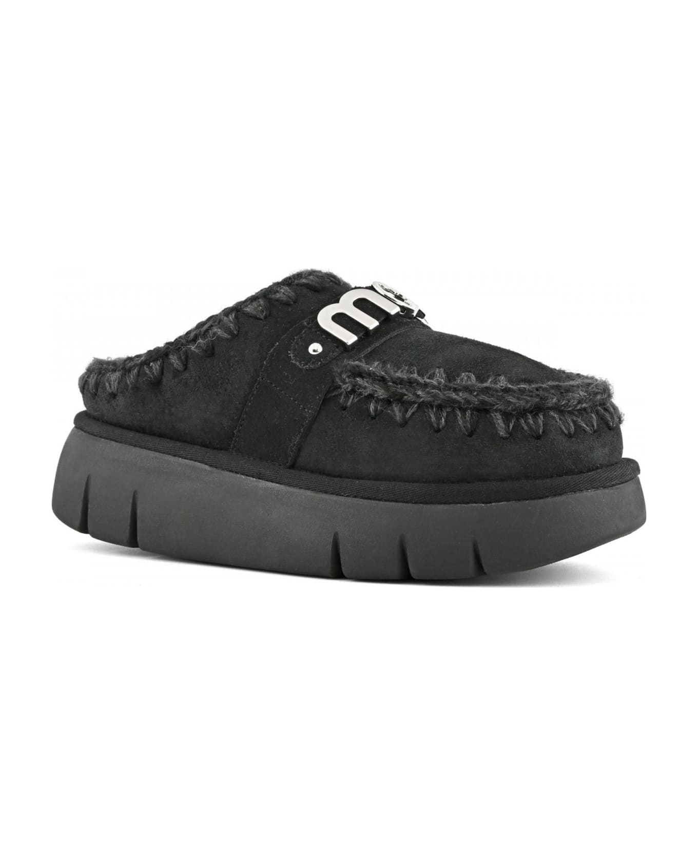 Mou Bounce Black Mules With Logo Lettering And Open Rear In Suede Woman - black