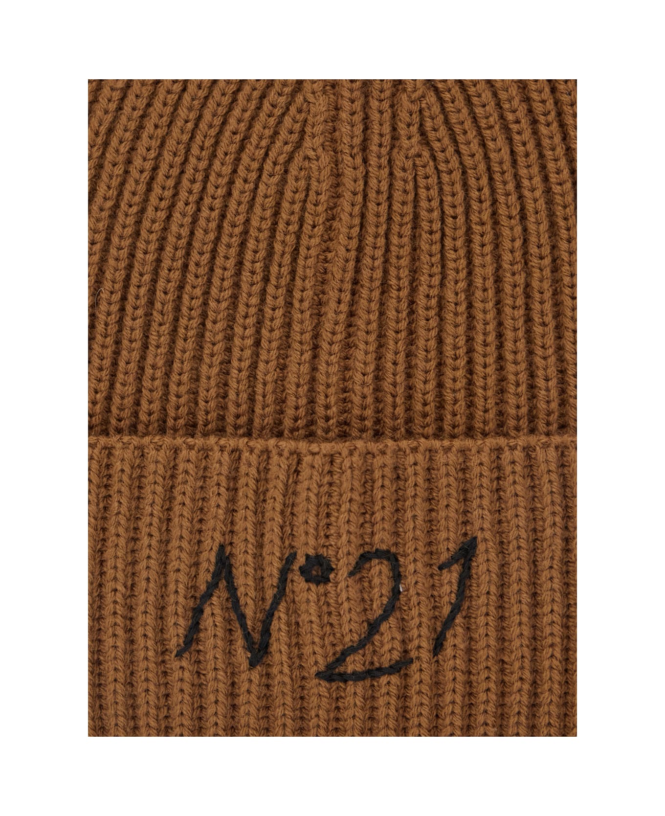 N.21 Brown Beanie With Turn-up Brim And Logo Embroidery In Wool Blend Boy - Brown
