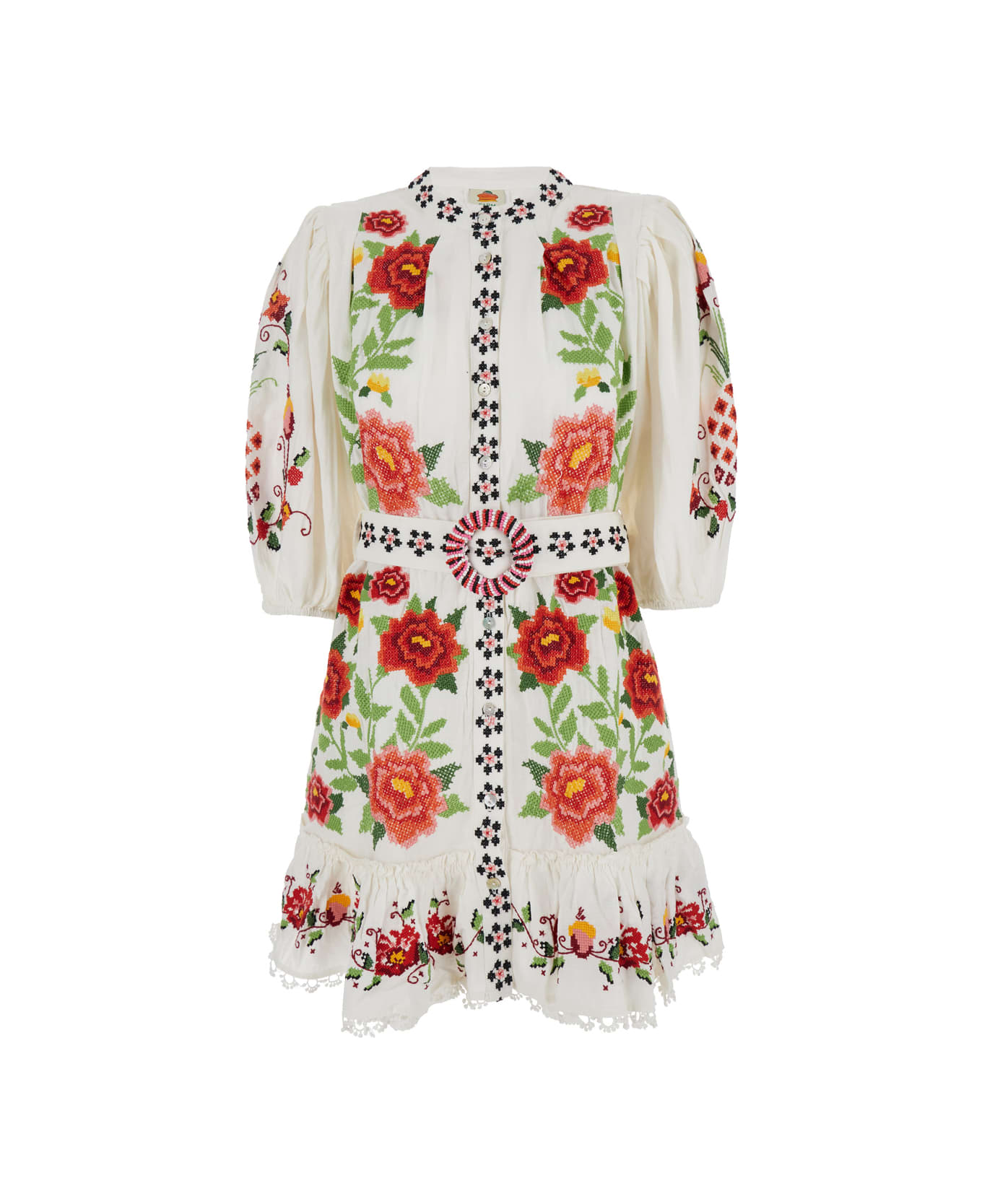 Farm Rio White Mini Dress With Roses Printed In Techno Fabric Woman - Multicolor