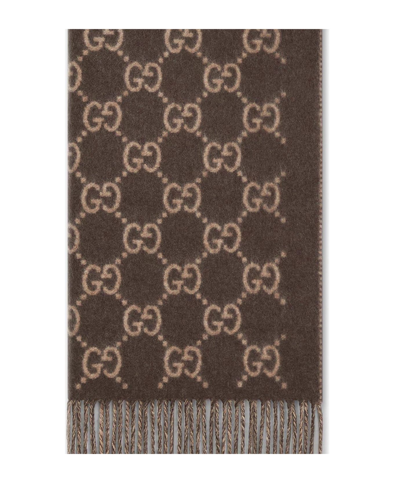 Gucci Monogrammed Fringed Scarf - Brown Beige