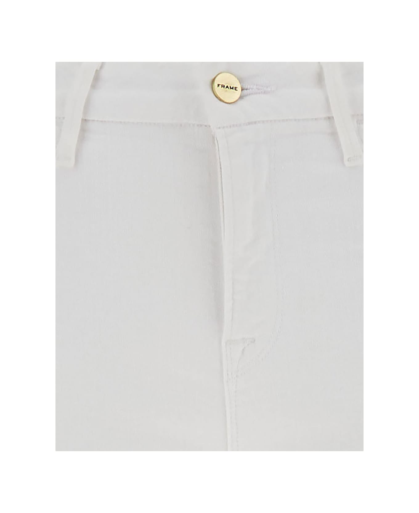 Frame 'mini Boot' White Flared Jeans With Branded Button In Cotton Blend Denim Woman - White ボトムス
