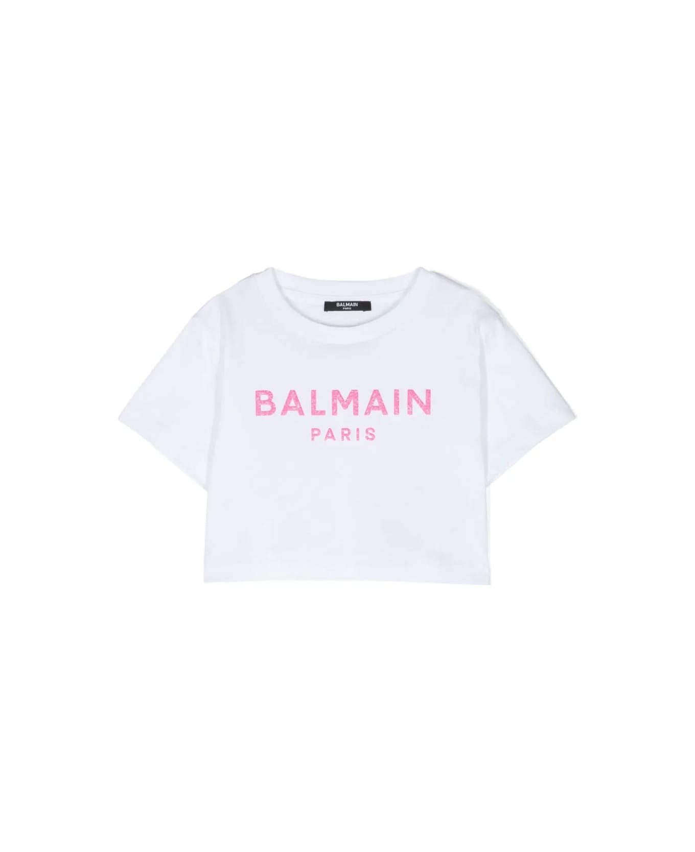 Balmain Crop T-shirt With Pink Glitter Logo - White