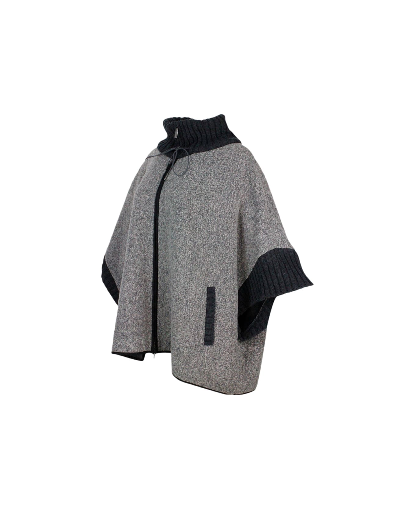 Fabiana Filippi Wool Tweed Cape With Knit Turtleneck With Drawstring ...