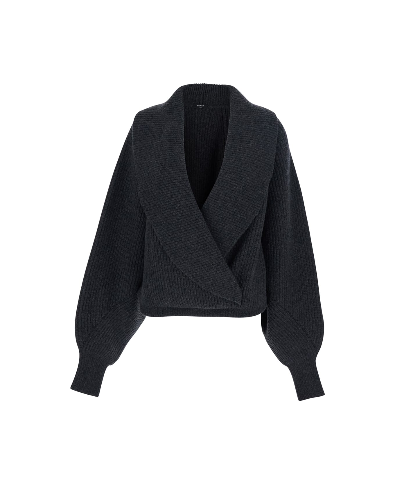 Balmain Batwing Open Neck Ribbed Knit Pull - Grey