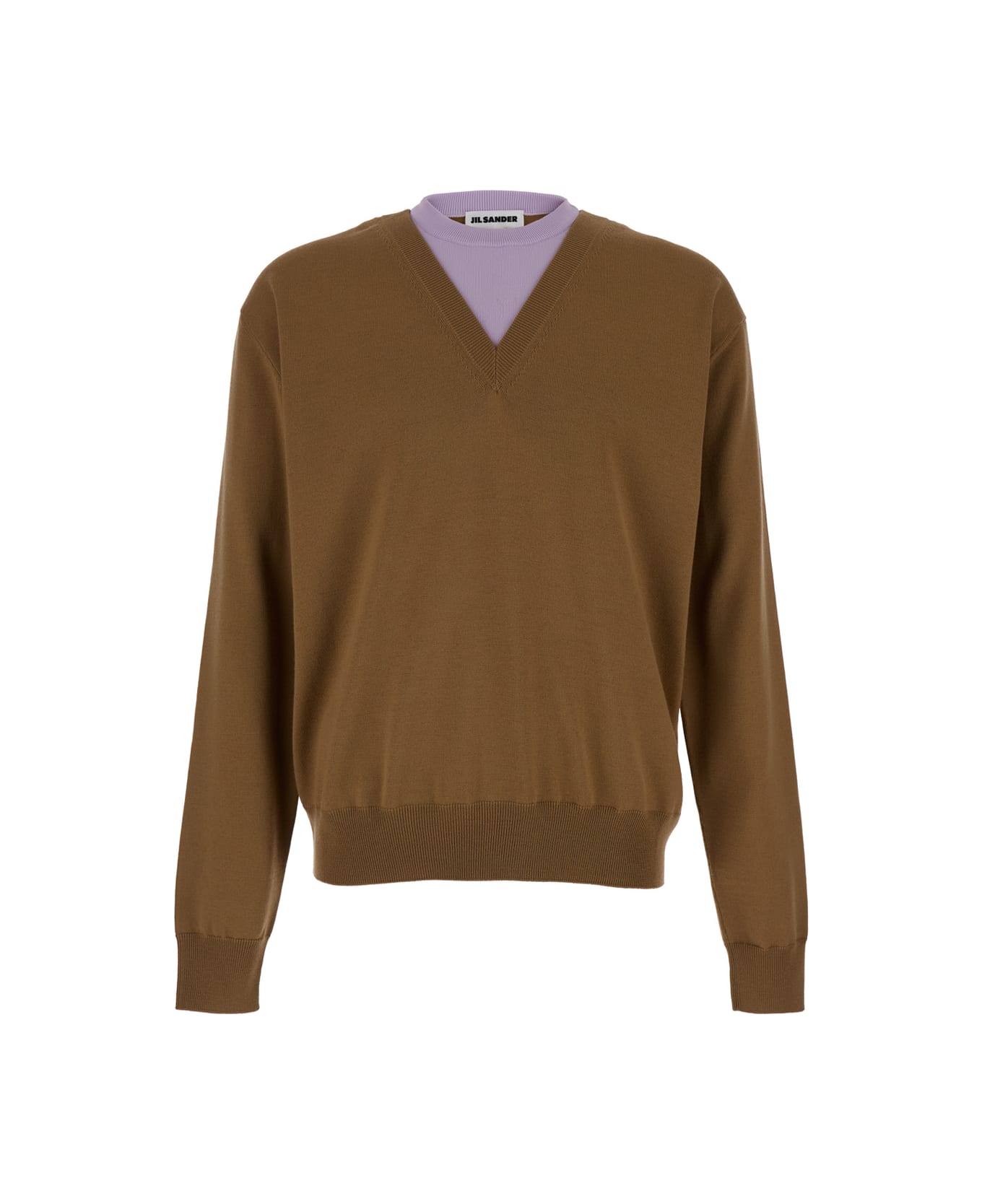 Jil Sander Brown And Lillac Double-neck Sweater In Wool Man - Brown