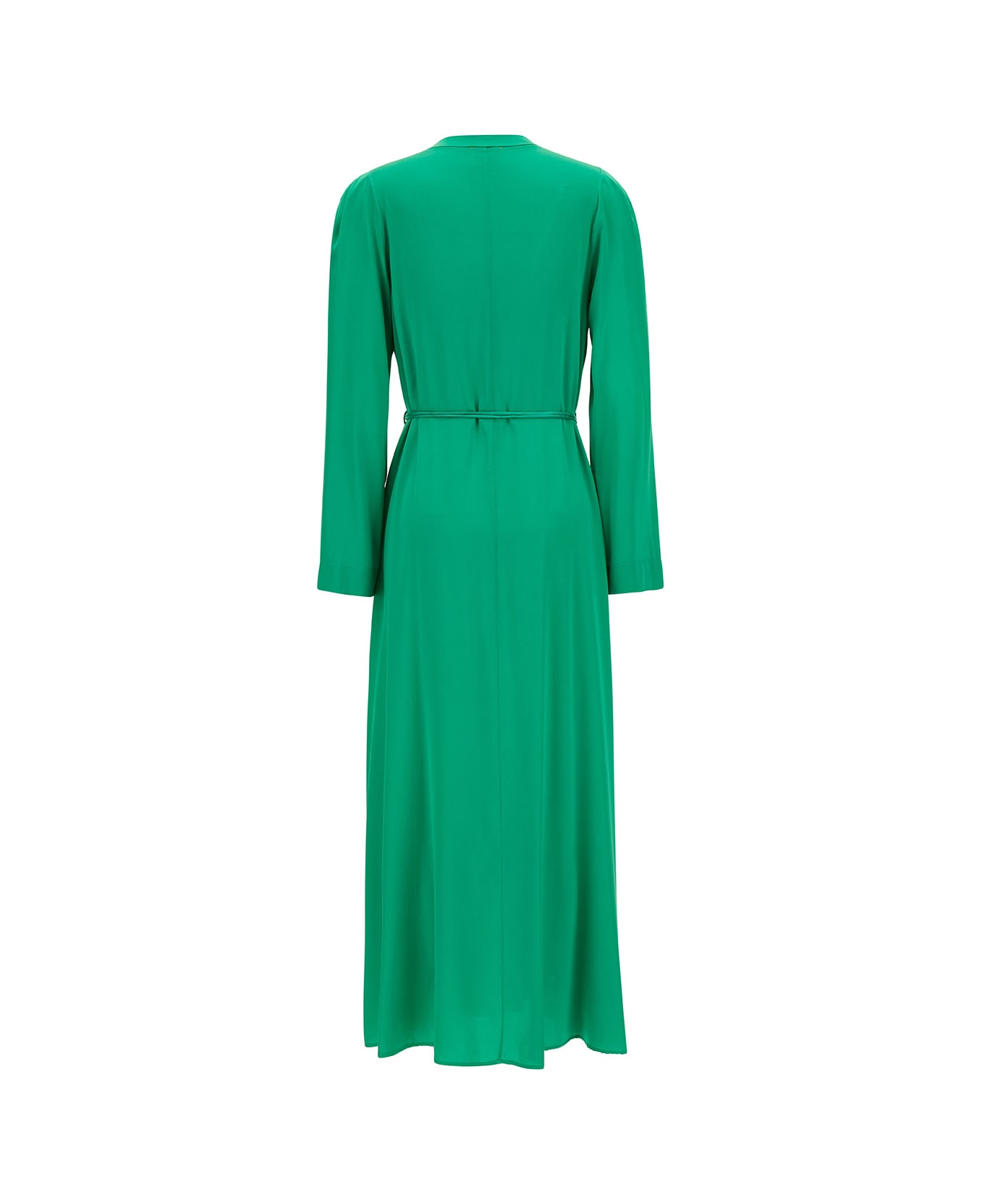 Forte_Forte Long Green Dress With Belt And Long Sleeves In Stretch Silk Woman - Green ワンピース＆ドレス