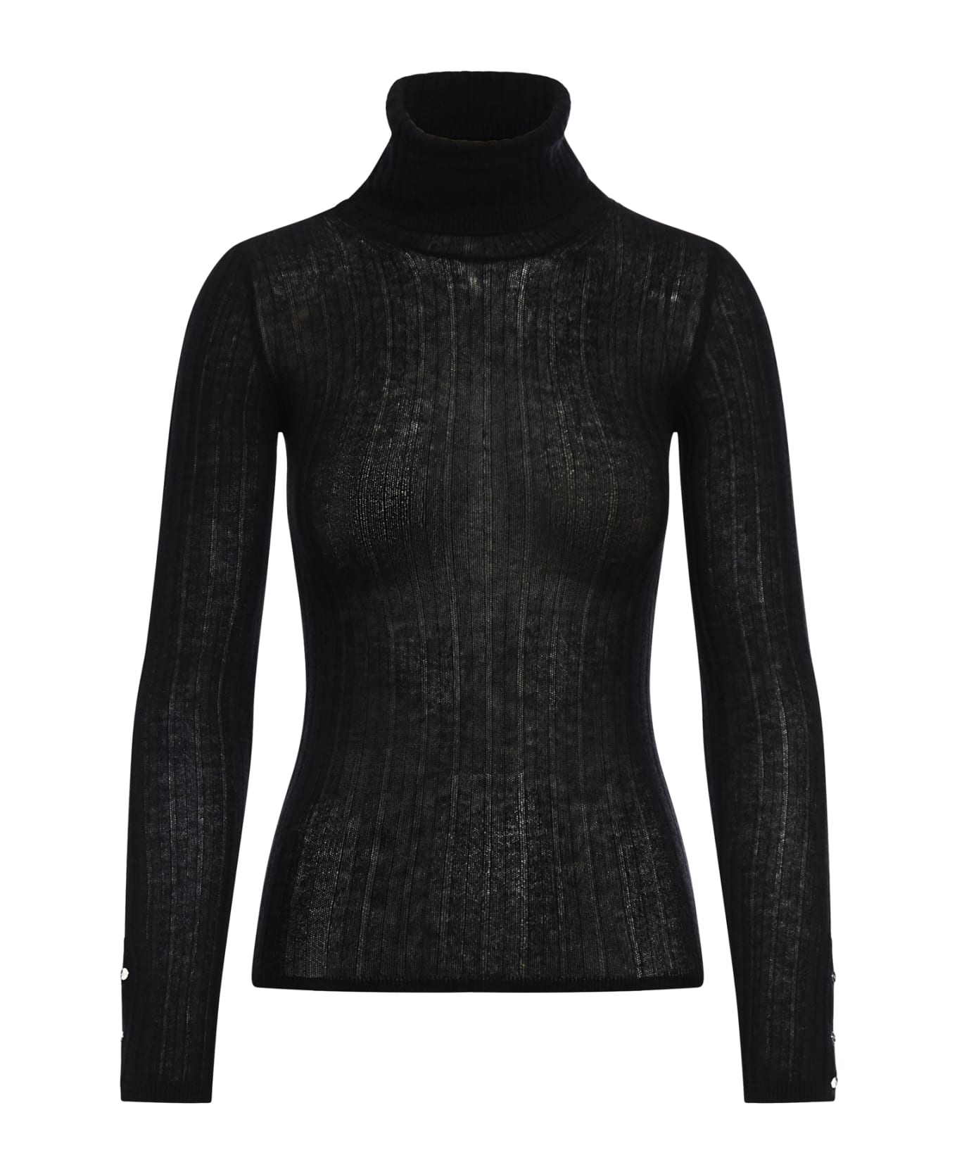 Durazzi Milano "cashmire High Neck Top "ribbed Turtle Neck Knitted Top With Branded Cuff Bottons In Cashmere - Black