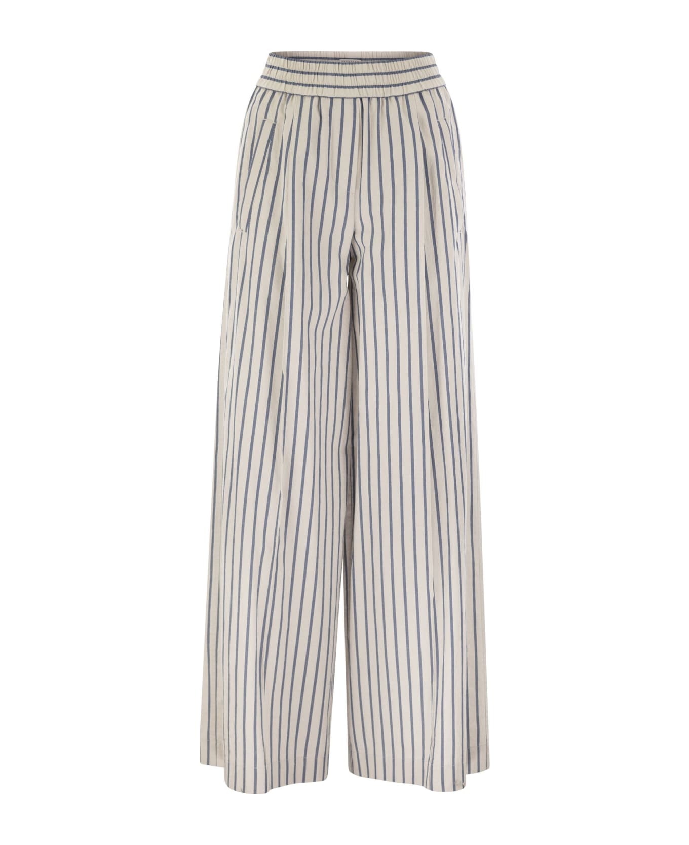 Brunello Cucinelli Loose Track Trousers In Wrinkled Cotton Linen Poplin - Chalk/avio ボトムス