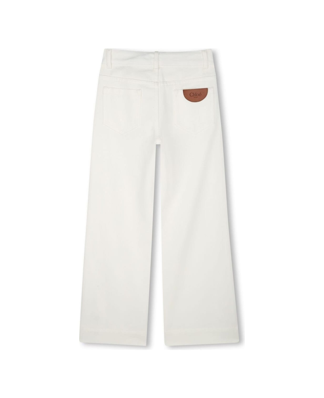 Chloé White Pants With Logo Patch On The Back And Scalloped Hem In Cotton Girl - White