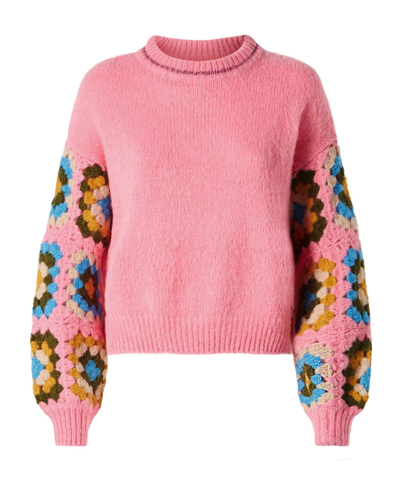MC2 Saint Barth Woman Ultra Soft Crewneck Sweater With Handmade Crochet Sleeves - PINK ニットウェア