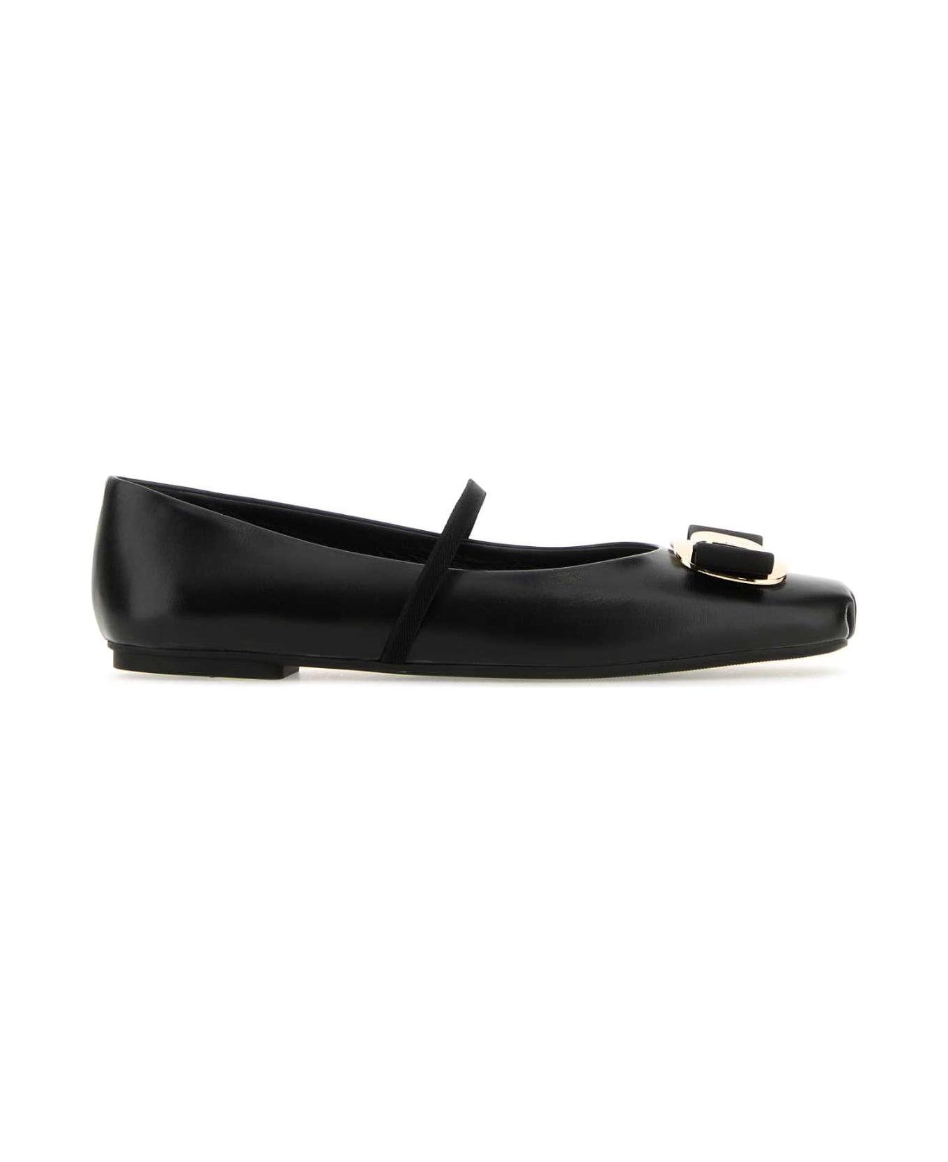 Ferragamo Black Nappa Leather Zina Ballerinas - Black