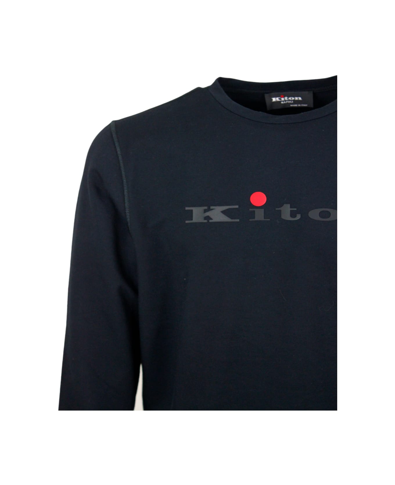 Kiton Long-sleeved Crew-neck Sweatshirt In Fine Stretch Cotton With Logo Writing On The Chest - Blu